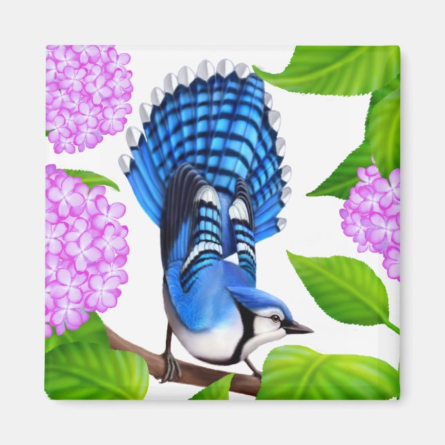 Imán Jay azul en Hydrangeas Bird Magnet (Frente)