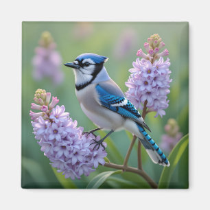 Imán Jay azul en pie en ramas de Lilac