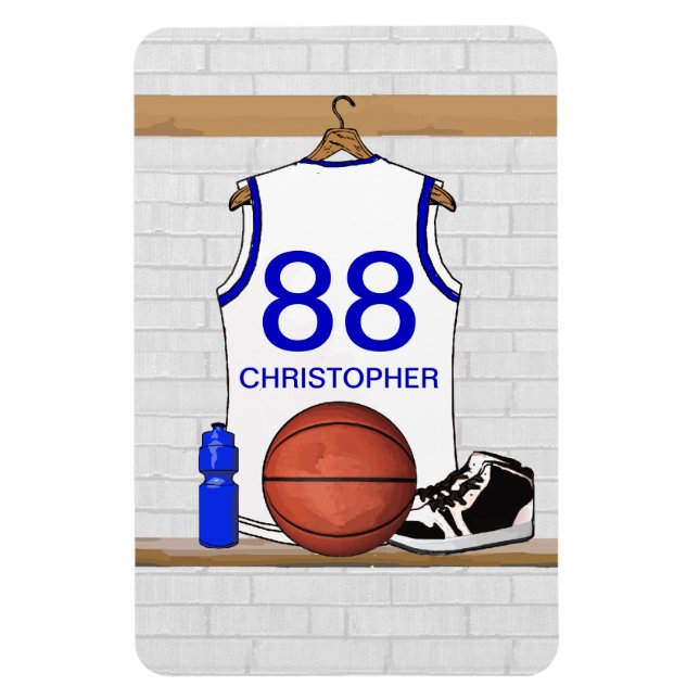 Imán Jersey de baloncesto blanco y azul personalizado (Vertical)
