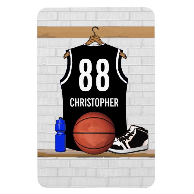 Imán Jersey de baloncesto blanco y negro personalizado (Vertical)