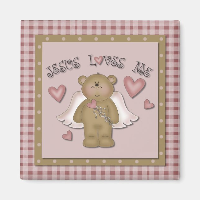 Imán Jesús Me Ama Teddy Bear Angel Square Magnet (Frente)