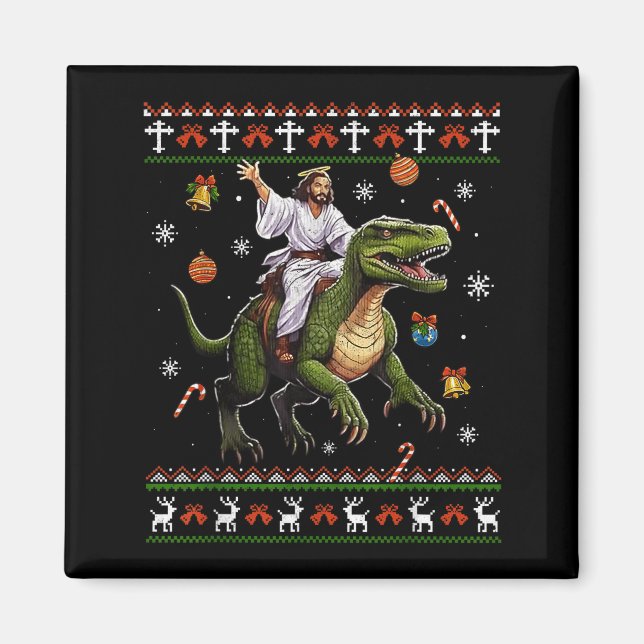 Imán Jesus Riding Dinosaur Funny Meme Ugly Christmas Sw (Frente)