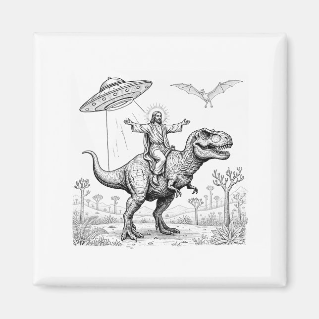 Imán Jesus Riding Dinosaur T-rex Ufo Hunting Alien Sci- (Frente)
