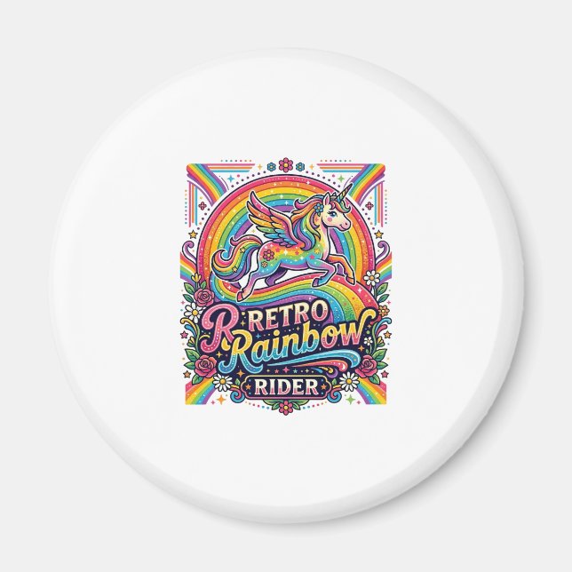 Imán Jinete de Arcoíris Retro Unicornio (Frente)