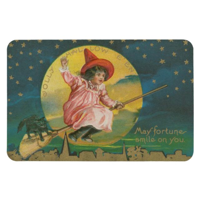 Imán Jolly Halloween Bruja rosa en la cosecha de la hab (Horizontal)