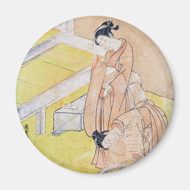 Imán Joven Chica lanza pez dorado a imanes de estanques (Frente)