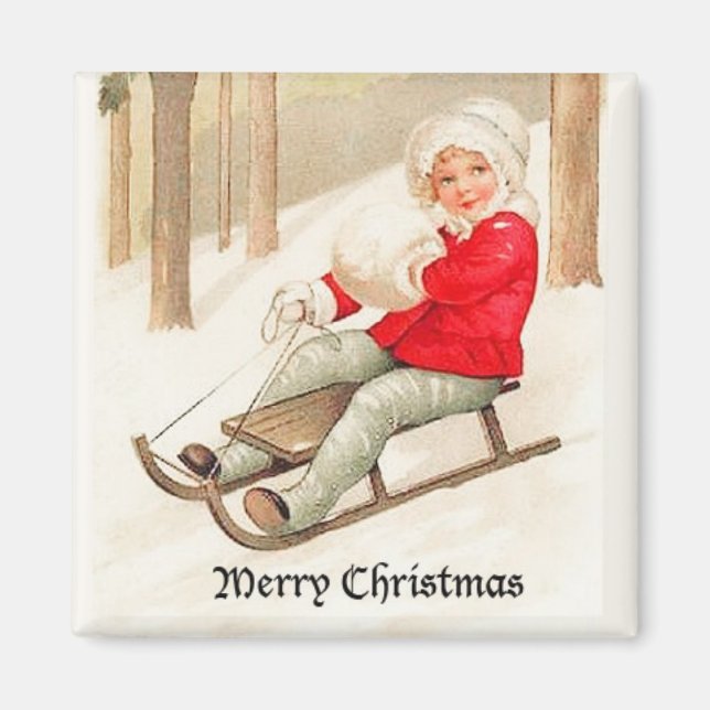 Imán Joven Chica Sledding Vintage Magnet (Frente)