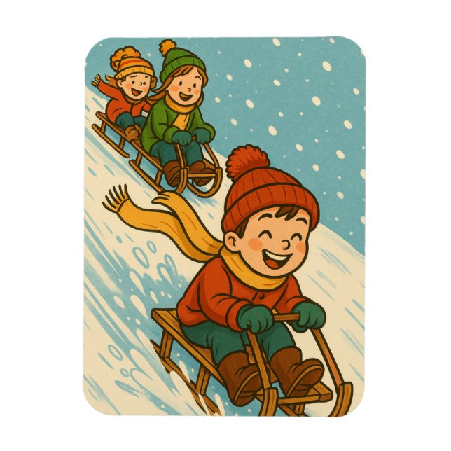 Imán Joyful Sled Ride – Cute Kids Sleigh Riding Winter (Vertical)