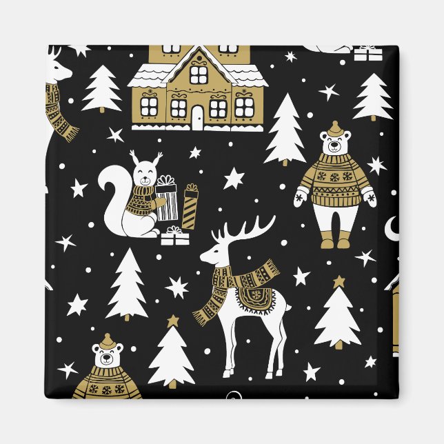 Imán Juego de copas de nieve Black and White Merry Chri (Frente)