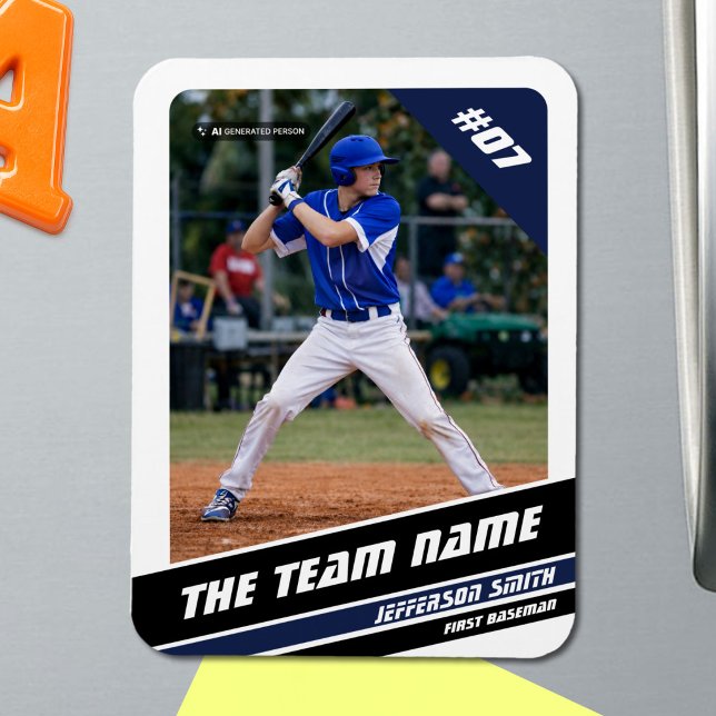 Imán Jugador de béisbol personalizable blanco azul (Baseball Player Magnet in White with Custom Team Name and Black Blue Stripes)