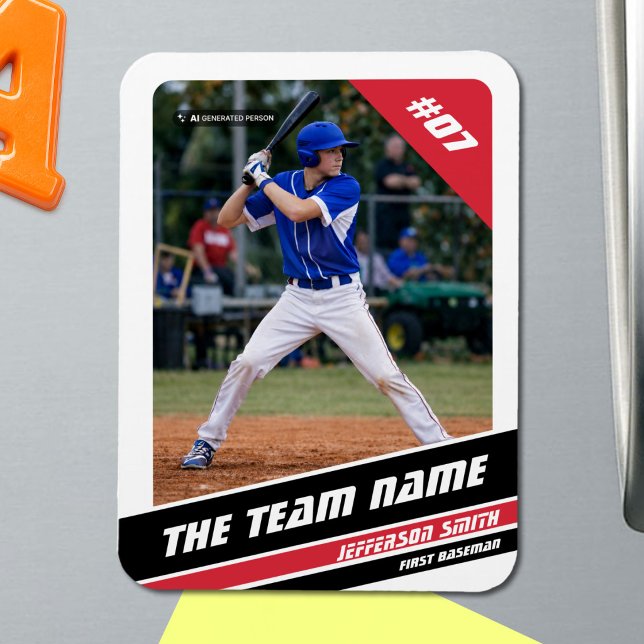 Imán Jugador de béisbol personalizable blanco rojo (Baseball Player Magnet in White with Custom Team Name and White Red Stripes)
