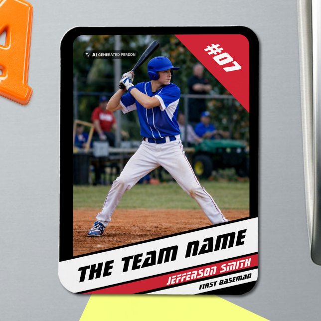 Imán Jugador de béisbol personalizable negro rojo (Baseball Player Magnet in Black with Custom Team Name and White Red Stripes)