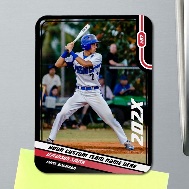 Imán Jugador de béisbol Rojo Personalizado (Black Baseball Player Magnet with Custom Team Name and White Red Stripes)