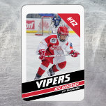 Imán Jugador De Hockey Se Mantiene Con El Blanco Rojo V<br><div class="desc">Presentamos nuestra cautivadora tarjeta de hockey sobre hielo rojo blanco número de identificación imán, una perfecta incorporación a la colección de aficionados al hockey jóvenes! El diseño es de diseño, con una representación dinámica de un joven jugador de hockey en acción frente a un fondo blanco resplandeciente adornado con audaces...</div>