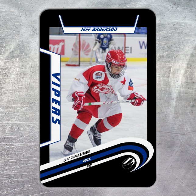 Imán Jugador De Hockey Sobre Hielo Se Mantiene Con El A (Ice Hockey: Custom blue jersey magnet featuring player image, logo, and number.)