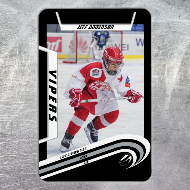 Imán Jugador De Hockey Sobre Hielo Se Mantiene Con El N (Ice Hockey: Sleek silver jersey magnet with customizable player image, logo, and number.)