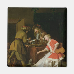 Imán Jugadores de Tric-trac con una señora y su perro