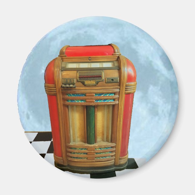 Imán Jukebox de antigüedades y luna azul completa (Frente)