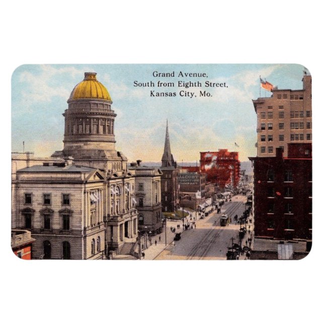 Imán Kansas City MO, Grand Ave., postal de época de 191 (Horizontal)
