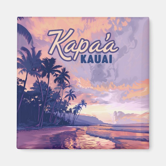 Imán Kapaa Kauai Hawaii Beach Sunset Palm Tree Retro (Frente)