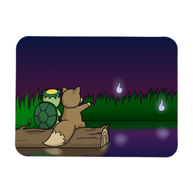 Imán Kappa y Kitsune sentados en un estanque (Horizontal)
