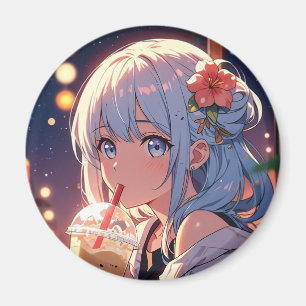 Imán Kawaii Anime Chica bebiendo Boba Magnet - lindo