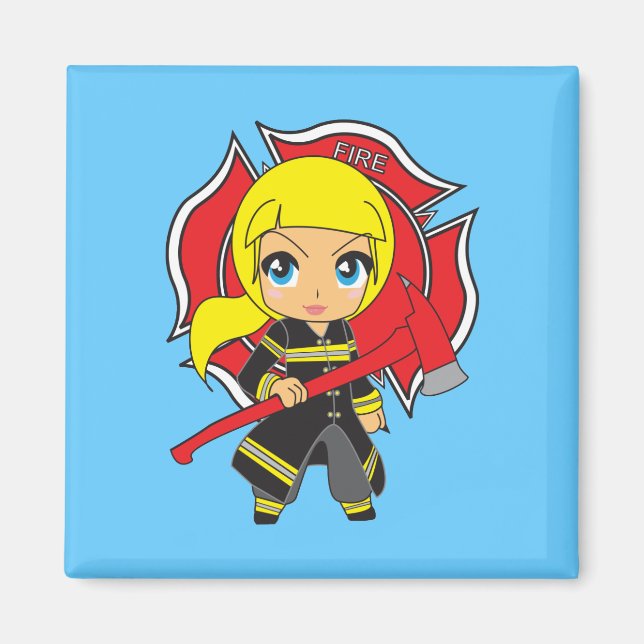 Imán Kawaii Blonde Chica de bomberos (Frente)