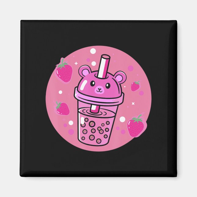 Imán Kawaii Boba Cup fresa anime burbuja té (Frente)