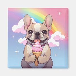Imán Kawaii Bulldog francés helado arcoiris