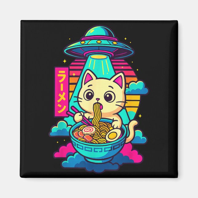 Imán Kawaii Cat Alien Ufo Ramen Graphic Tee Funny Japan (Frente)