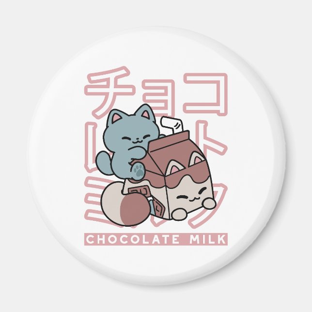Imán Kawaii Cat with Chocolate Milk – Japanese Pop Art  (Frente)