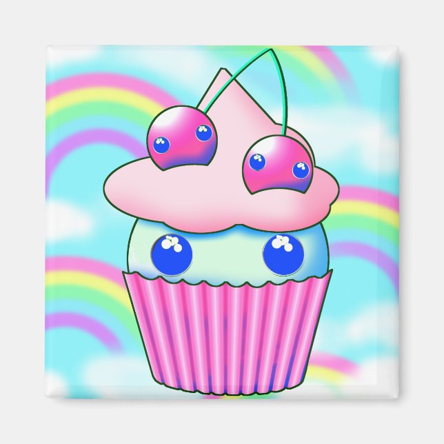 Imán kawaii cupcake med rosa körsbär (Frente)