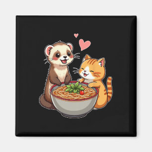Imán Kawaii Ferret Y El Gato Comen Ramen Japonés Agrada