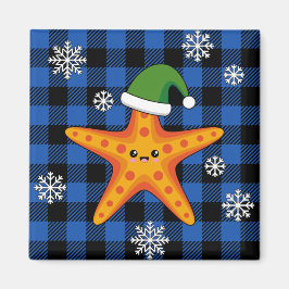 Imán Kawaii Navidad Starfish en patrón de búfalo azul