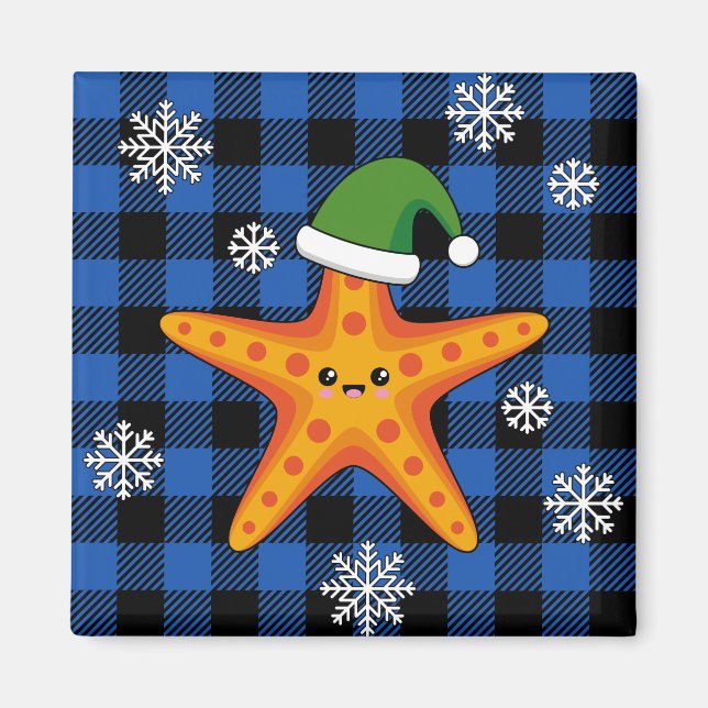 Imán Kawaii Navidad Starfish en patrón de búfalo azul (Frente)