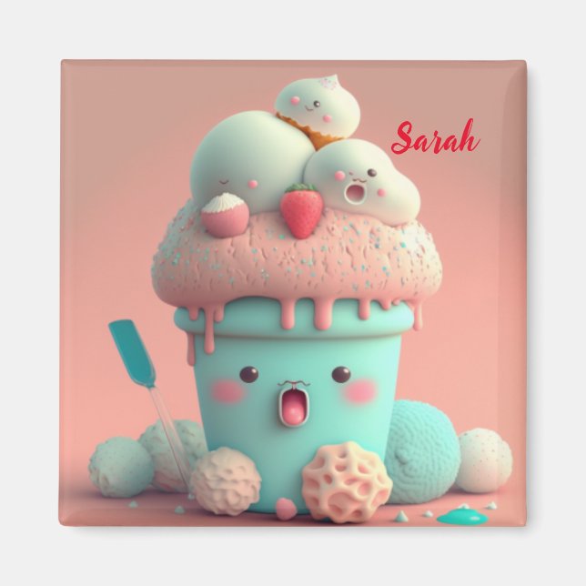 Imán Kawaii rosa lindo helado taza (Frente)
