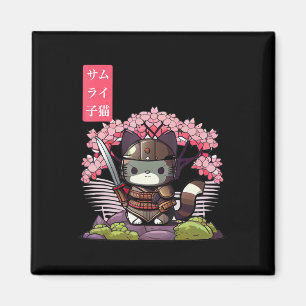 Imán Kawaii Samurai Kitten con flores de cerezo japonés