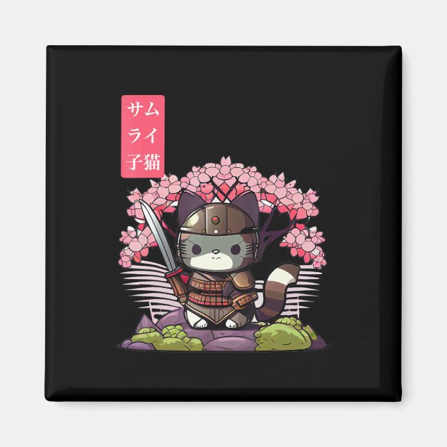 Imán Kawaii Samurai Kitten con flores de cerezo japonés (Frente)