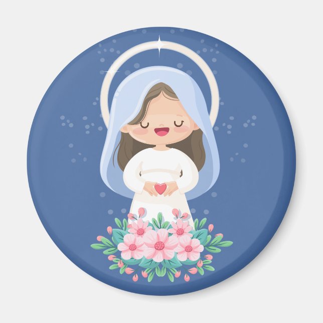 Imán Kawaii Virgen María con Corazón y Flores – Azul Ma (Frente)