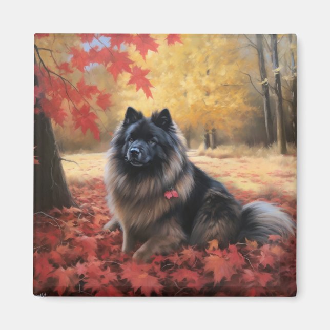 Imán Keeshond en otoño se inspira en las hojas de otoño (Frente)