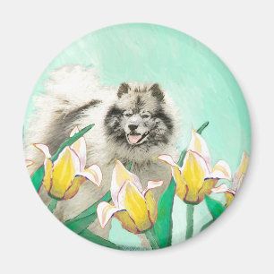 Imán Keeshond en tulipanes pintando arte original del p