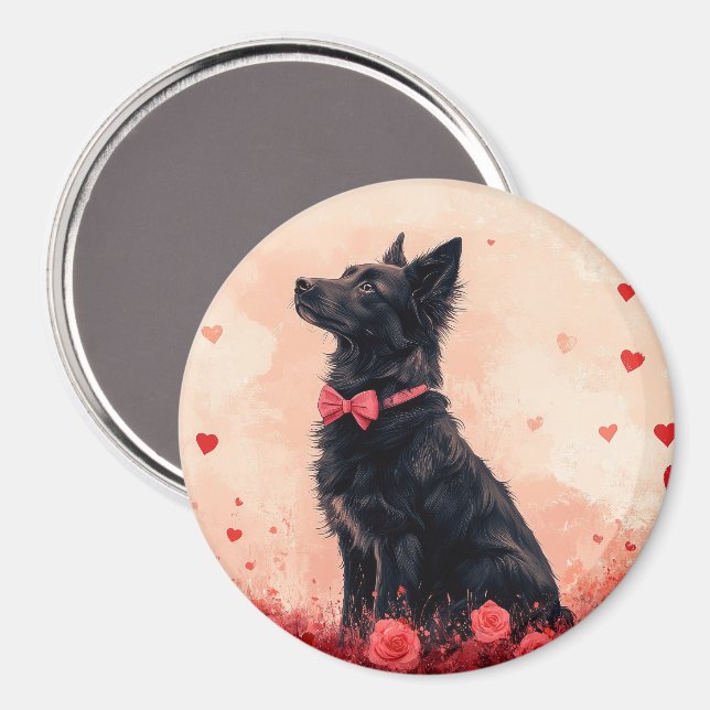 Imán Kelpie australiano con rosas - Día de San Valentín (Anverso/Reverso)
