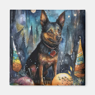 Imán Kelpie australiano de Halloween con calabazas ater