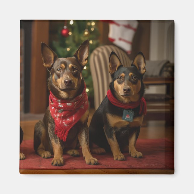 Imán Kelpie australiano junto a la chimenea de Navidad (Frente)