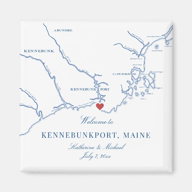 Imán Kennebunkport Maine Map Wedding Favor (Frente)