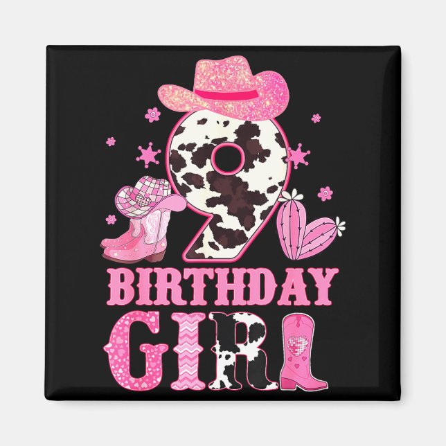 Imán Kids 9th Birthday Girl Rodeo Western Cowgirl Birth (Frente)