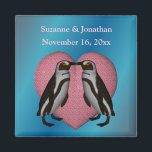 Imán Kissing Penguins Cute Personalized Wedding<br><div class="desc">A pair of cute kissing penguins on a pink heart against an electric blue background save the date announcement or wedding favor refrigerator magnet. Fill in your information in the template. Make more changes to text and font size, style, and color. This design is available on many products in my...</div>