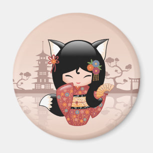 Imán Kitsune Kokeshi Doll - Chica de la zorra negra
