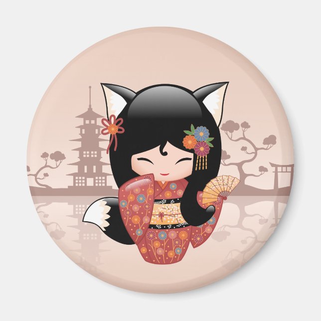 Imán Kitsune Kokeshi Doll - Chica de la zorra negra (Frente)