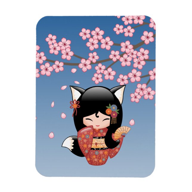Imán Kitsune Kokeshi Doll - Chica negro Fox Geisha (Vertical)